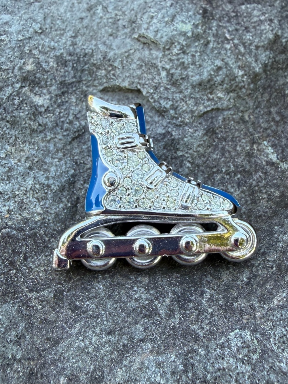 Vintage Swarovski Crystal Blue Enamel Articulated Rollerblade Brooch